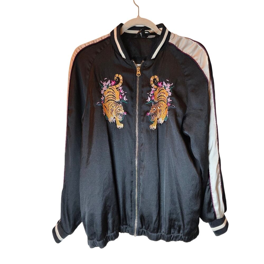 Divided Tiger Embroidered Zip Front Jacket Satin Black White Size 10 Art To Wear